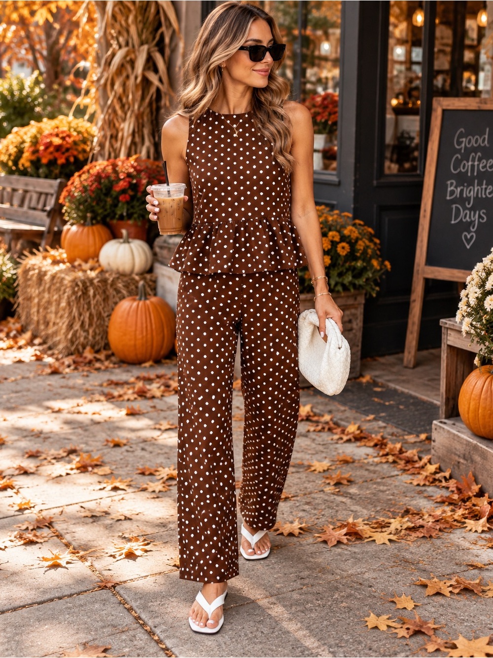 Brown Polka Dot Peplum Jumpsuit - Women